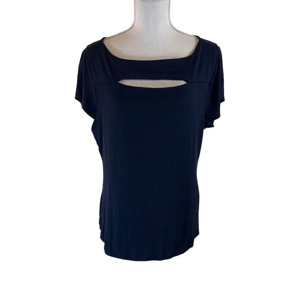 Carmen Marc Valvo Navy Blue Top XL Cutout Neckline Short Sleeve Stretch Knit - Picture 1 of 7